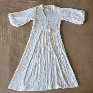 H&M White Linen & Cotton Balloon Sleeve Midi Dress Small